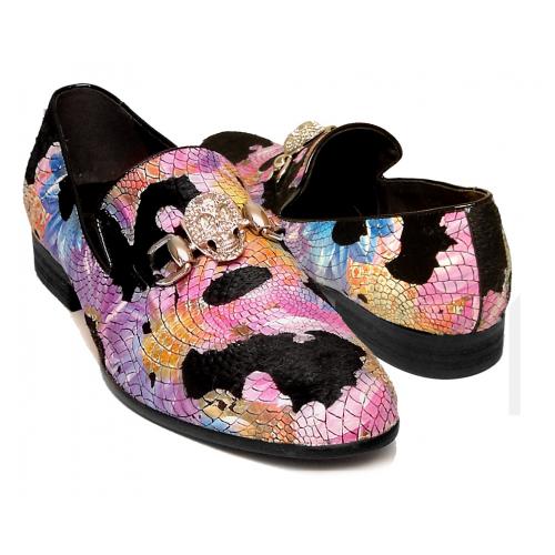 Fiesso Black / Rainbow Multi Color Print Pony Hair / Leather Slip-On Shoes FI7056